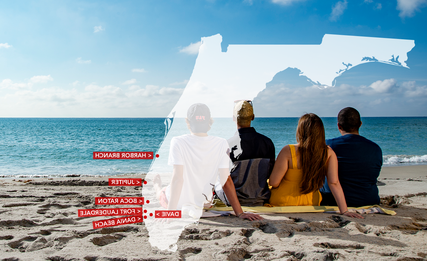 Three 学生 sitting on a towel on the beach. A map of florida overlays the image that reads out the 6 campus locations with arrows pointing to their location on the map. A red box sits in the top right corner that says '6 campuses 1 FAU'